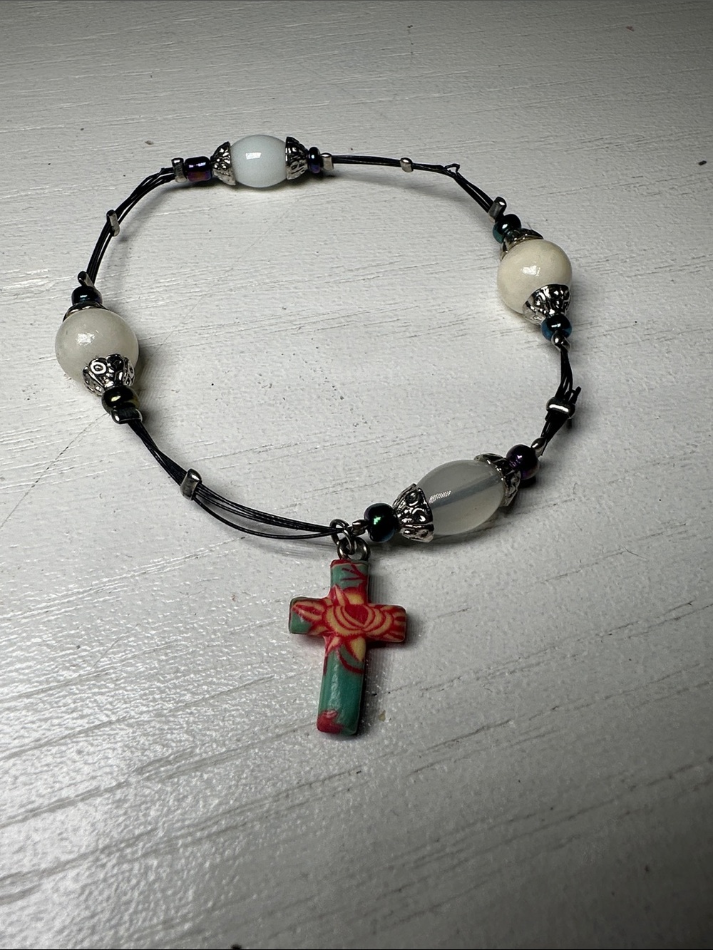 Multicolor Cross Charm Beaded Bracelet - Floral Cross Pendant